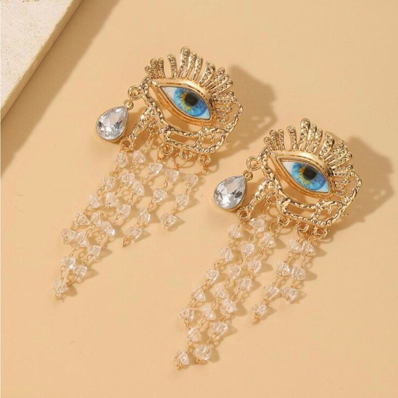 “Blue Eye Chandelier” Vivid Realism Cry Iris Tiered Crystal Tear Tassel Earrings - Picture 4 of 12